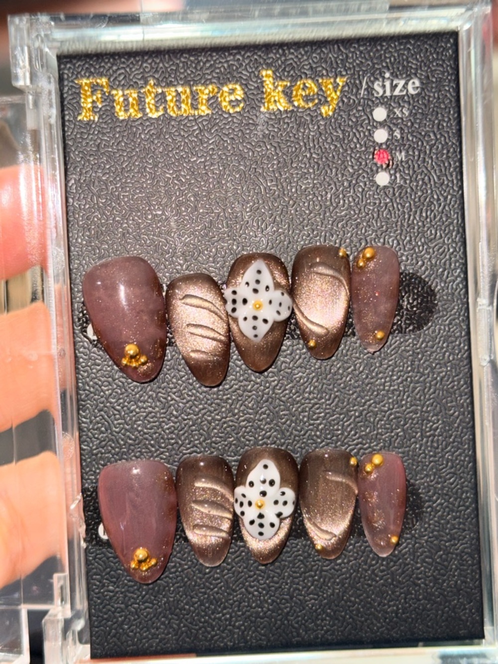 Future Key Metallic Brown Press-On Nail Set with White Floral Accent